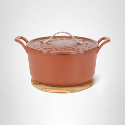 Bloomhouse 7 Qt Cast Iron Dutch Oven W/Embossed Lid, European Enamel, & Olive Wood Trivet - Matte Terracota