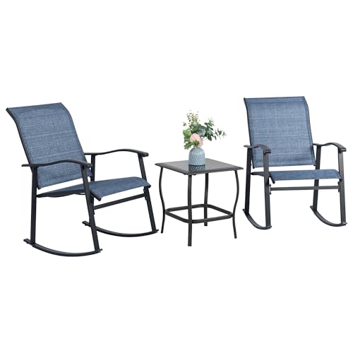 Vongrasig 3 Piece Outdoor Rocking Bistro Set, Textilene Fabric Small Patio Furniture Set, Front Porch Rocker Chairs Conversation Set with Glass Table for Lawn, Garden, Balcony, Poolside (Denim Blue)