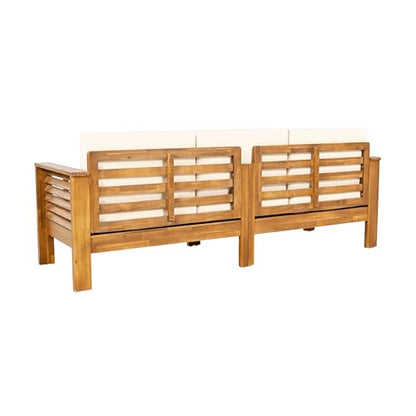 Merax 3 Piece Acacia Wood Patio Furniture Set, Outdoor Sectional Sofa Set with Coffee Table, 4 Seats Sofa Deep Seating with Soft Cushions for Garden, Backyard, Teak & Cream