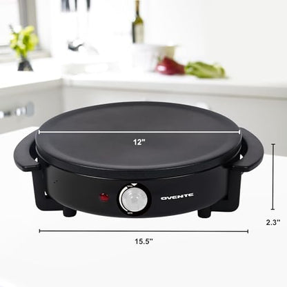 OVENTE 12-Inch Electric Crepe Maker & Griddle – Nonstick Hot Plate with Adjustable Temperature, LED Indicator, Batter Spreader & Spatula, Black CRM1122B