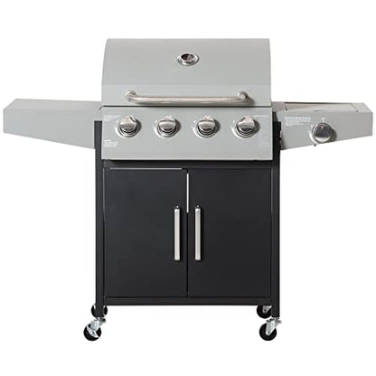 Outsunny 4 Burner Propane Gas Grill with Side Burner, 48,000 BTU Steel Outdoor Barbecue Grill with Cabinet, Shelf, Warming Rack, Thermometer, Wheels, Silver