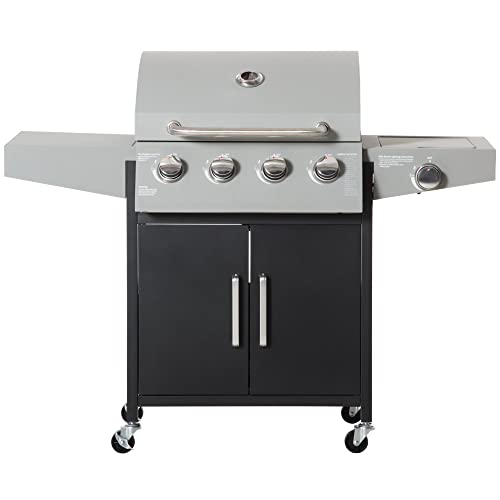 Outsunny 4 Burner Propane Gas Grill with Side Burner, 48,000 BTU Steel Outdoor Barbecue Grill with Cabinet, Shelf, Warming Rack, Thermometer, Wheels, Silver