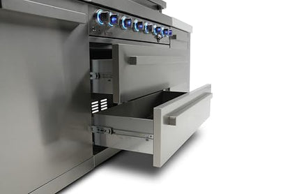 Mont Alpi Deluxe Series Stainless Steel 94"W x 23"D Modular Outdoor Kitchen Island + Side Burner + Refrigerator + 44"W 6-Burner BBQ Gas Grill + White Granite Countertops + Storage Cabinets & Drawers