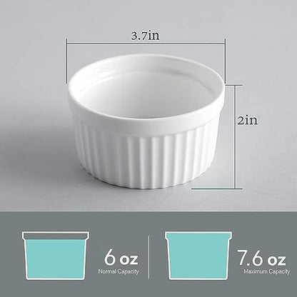 Samsle 6 oz Ramekins Set of 6, Porcelain Ramekins Dishes for Creme Brulee,Souffle, Lava Cakes, Pudding, Custard Cups for Baking and Dipping,Oven Safe, White 3.7 inch