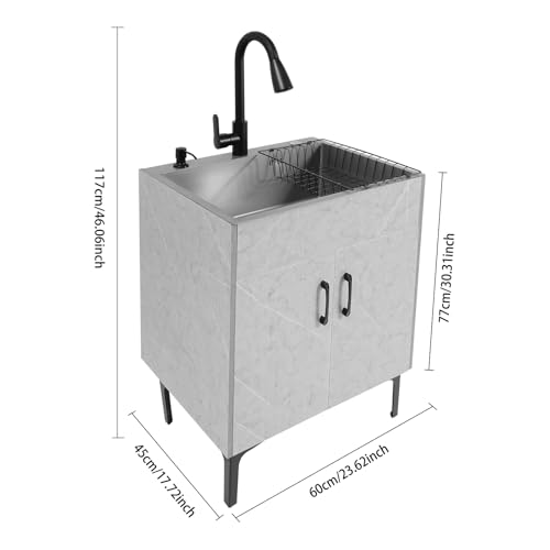 Freestanding Utility Sink, 30.71In Laundry Sink with Cabinet Indoor & Outdoor Utility Tub Pull-out Faucet&Gravity Ball&Drain Basket Heavy Duty for Laundry Garage Outdoor Kitchen Garden (Grey)