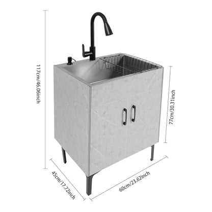 Freestanding Utility Sink, 30.71In Laundry Sink with Cabinet Indoor & Outdoor Utility Tub Pull-out Faucet&Gravity Ball&Drain Basket Heavy Duty for Laundry Garage Outdoor Kitchen Garden (Grey)