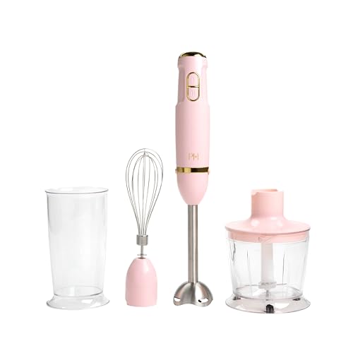 Paris Hilton Hand Blender Set, 3-in-1 Immersion Blender with Whisk, Blending & Chopper Attachments, 400W High Speed, Pink with Gold Accents, Handheld Blender for Smoothies, Soups, Sauces, Cream, Pink