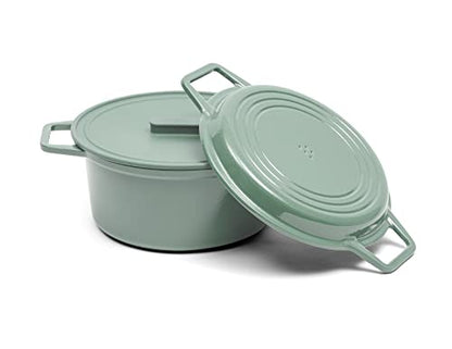 Misen 7 QT Enameled Cast Iron Dutch Oven - Chip-Resistant Enamel Coating - Thick Iron Core For Heat Retention - Large Cooking Surface - Oven Safe, Induction Compatible - Grill and Silicone Lid, Green