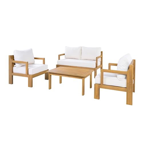 Christopher Knight Home Bayah 4 Piece Patio Furniture Set with Removable Cushion, Acacia Wood Outdoor Sectional Sofa Set with Coffee Table, 4 Seater Outdoor Conversation Set, Beige+Natural