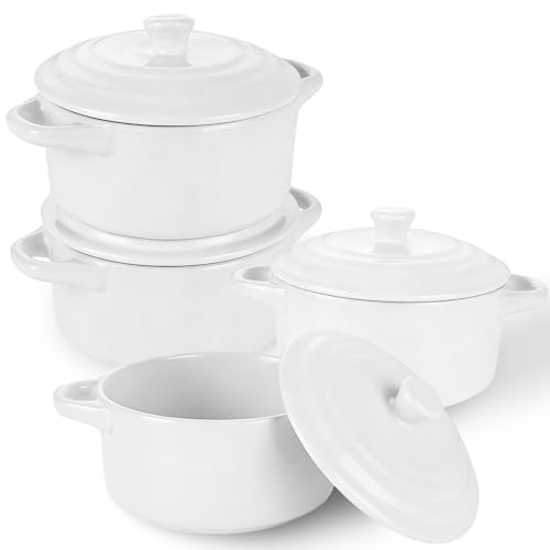 ZUQIAN Mini Cocotte Set of 4, 14 Oz Small Casserole Dishes with Lids And Handles, Ceramic Small Dutch Oven Pot With Lid, White Individual Baking Ramekins For Baking, Baked Desserts, Oven