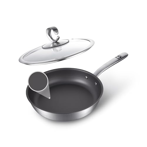 KOBACH 11-Inch Titanium Uncoated Pan, Nonstick Frying Pan with Lid – Stainless Steel Base Skillet, Dishwasher & Oven Safe, Induction Compatible, Non-Toxic & Easy to Clean Titanium Cookware