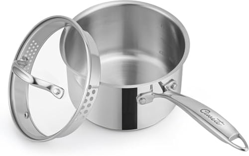 Ciwete 2 Qt Stainless Steel Saucepan with Glass Strainer Lid, 2 Quart Pot Stainless Steel Sauce Pan with Pour Spout, Mirror Polishing, Compatible with All Cooktops Dishwasher Safe Oven Safe