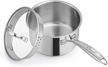 Ciwete 2 Qt Stainless Steel Saucepan with Glass Strainer Lid, 2 Quart Pot Stainless Steel Sauce Pan with Pour Spout, Mirror Polishing, Compatible with All Cooktops Dishwasher Safe Oven Safe
