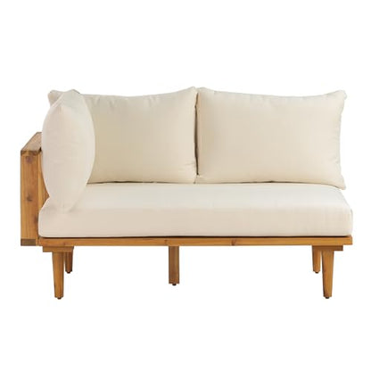 Christopher Knight Home Flynn Acacia Wood Patio Furniture Set, 6-Seater L-Shaped Sectional Sofa Set and Small Coffee Table, Outdoor Conversation Set for Backyard Poolside Balcony, Natural+Beige