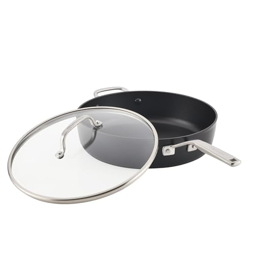 KitchenAid Hard Anodized Induction Nonstick Cookware Saute Pan/Jumbo Cooker with Lid and Helper Handle, Dishwasher Safe, 5 Quart Non Stick Sauteuse with Stainless Steel Handles - Matte Black