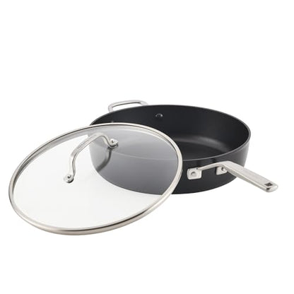 KitchenAid Hard Anodized Induction Nonstick Cookware Saute Pan/Jumbo Cooker with Lid and Helper Handle, Dishwasher Safe, 5 Quart Non Stick Sauteuse with Stainless Steel Handles - Matte Black