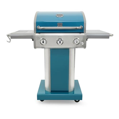 Kenmore 3-Burner Propane BBQ Grill, 30,000 BTUs Gas Grill with Cast Iron Cooking Grates, Folding Side Tables & Wheels, Outdoor Grill with Tool Hooks, Teal