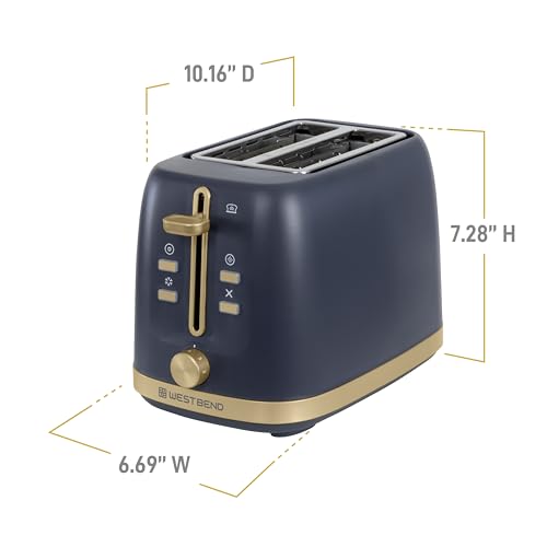 West Bend Timeless 2-Slice Toaster with 7 Browning Levels, Bagel/Waffle/Defrost Settings, High-Lift Lever, Anti-Jam, Easy-Clean Crumb Tray, 2-Slice, Blue/Gold