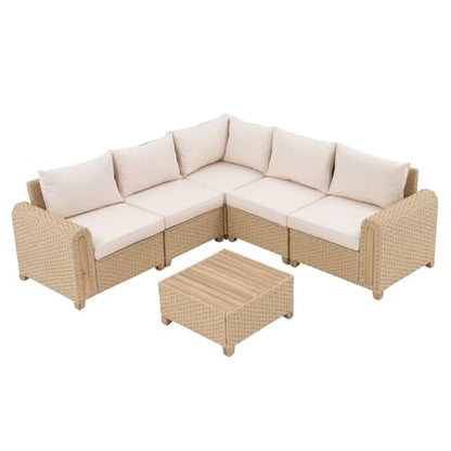 SUNSITT 6-Piece Patio Wicker Modular Sectional Set with Acacia Wood Accents