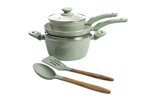 Gibson Home Plaza Café Forged Aluminum Healthy PFA-Free Ceramic Pots and Pans Cookware Set, 7-Piece Set, Mint Green