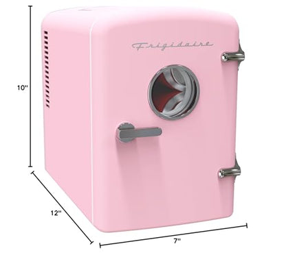 Frigidaire Retro 9-Can Mini Personal Fridge Portable Cooler for Car, Office, Bedroom, Dorm Room, or Cabin, 11.8" D x 7.1" W x 10.1" H, PINK