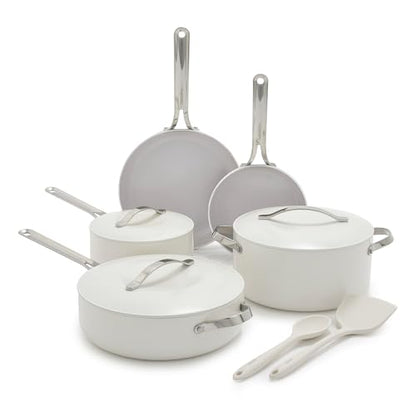 GreenPan Nova 10-Piece Cookware Pots & Pans Set, Oprah’s Favorite Things 2024, PFAS-Free Ceramic Nonstick, Fry, Sauté, Stockpot, Utensils, Lids, Induction Suitable, Dishwasher & Oven Safe, Cream White