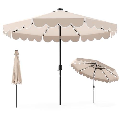Tangkula 9 FT Solar Patio Umbrella, 2-Tiers Scalloped Outdoor Table Market Umbrella with 32 LED Lights, Vented Top, Tilt Adjustment, Crank, 8 Ribs for Backyard Poolside Deck Beach Lawn (Beige)