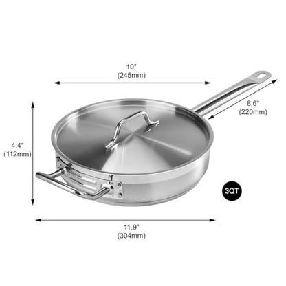 New Star Foodservice 3 Qt Stainless Steel Sauté Pan with Cover, 18/8 Stainless Steel, 2.8-Inch Depth
