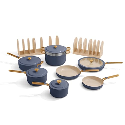 Our Place 17-Piece Essentials Complete Cookware Set - Ceramic Fry Pans, Saucepans, Sauté Pan, Stock Pot, Strainer Basket & Modular Storage | Thermakind™ Nonstick, Oven Safe up to 450°F | Blue Salt