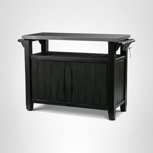 Keter Unity XL Portable Outdoor Table with Stainless Steel Top for Kitchen Prep and Outdoor Storage Cabinet for Grilling Accessories, Dark Grey
