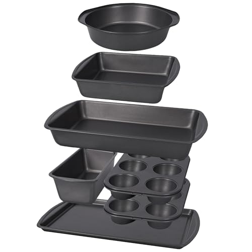 LISI 7 Piece Baking Pans Set Non Stick, Heavy-Duty Carbon Steel Oven Pan Set Include Muffin Pan, Loaf Pan, Cake Pan & Roasting Pan, PFA Free Non Toxic Make a Great Gift for Family