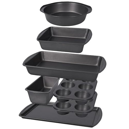 LISI 7 Piece Baking Pans Set Non Stick, Heavy-Duty Carbon Steel Oven Pan Set Include Muffin Pan, Loaf Pan, Cake Pan & Roasting Pan, PFA Free Non Toxic Make a Great Gift for Family