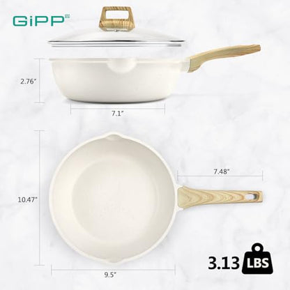 GiPP Nonstick Deep Frying Pan Skillet, 9.5" Saute Pan with Lid, Granite Induction Cookware Non Stick Cooking Pan, PFOA PFOS APEO Free, White