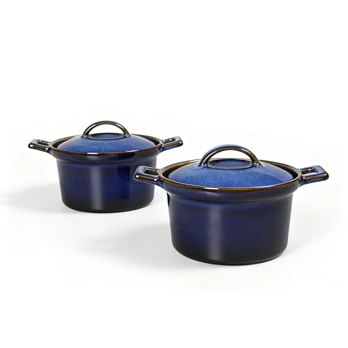 dingdaer Mini Cocotte Set, Small Casserole Dishes with Lids & Handle, 16.9 OZ Ceramic Mini Dutch Oven Set of 2, Individual Baking Ramekins for Lasagna, Soufflé, Soup Tureen, Oven, Microwave Safe, Blue