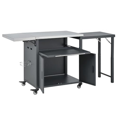 Merax Foldable Outdoor Kitchen Island & BBQ Prep Cart with Stainless Steel Top &Trash Rack & Lockable Wheels & Storage Cabinets – Portable Patio Dining Station for Grilling & Backyard & Camping, Gray