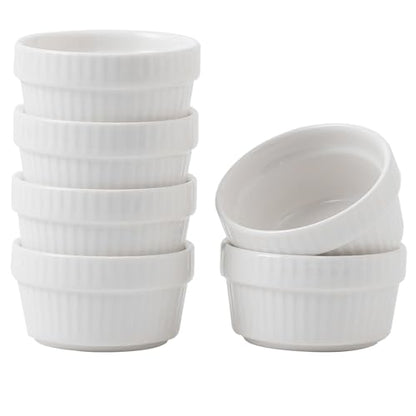 Feenmai Ramekins 2 oz Oven Safe - Ceramic Creme Brulee Ramekins Set of 6, Small Desserts Baking Bowls, Porcelain Souffle Dishes Pudding Custard Cups, White Dipping Bowls - RAMEKIN DISH