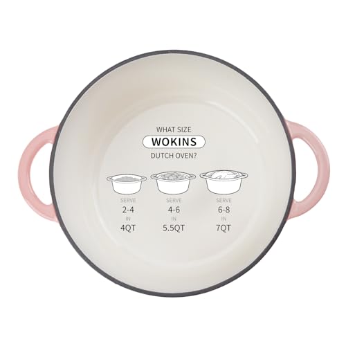 WOKINS Enameled Cast Iron Dutch Oven - 5.5QT Pot with Lid,Oven Safe to 500°F,Heavy-Duty Cookware for Sourdough Bread Baking,Braising,Stews,Roasting Pink