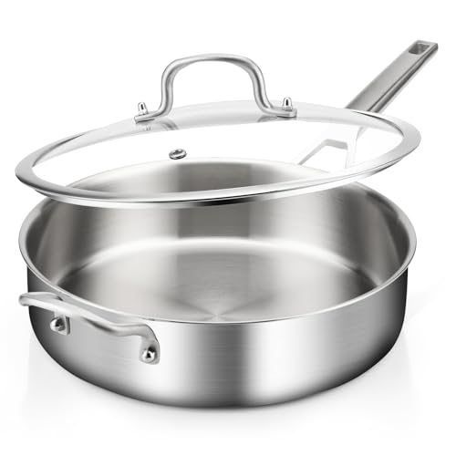 Yeksum 3-Quart Saute Pan with Lid | 10-Inch 3-Ply 18/10 Stainless Steel Deep Fry Pan & Large Skillet, Healthy Non-Toxic Cookware, Oven Safe 600°F & Dishwasher Safe