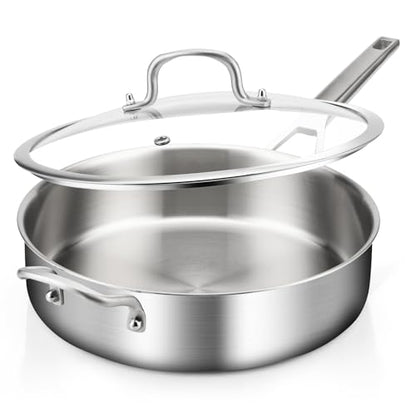 Yeksum 3-Quart Saute Pan with Lid | 10-Inch 3-Ply 18/10 Stainless Steel Deep Fry Pan & Large Skillet, Healthy Non-Toxic Cookware, Oven Safe 600°F & Dishwasher Safe