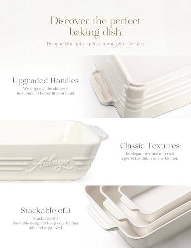 Ceramic Baking Dish Set, 3-Piece Casserole Dishes for Oven, Rectangular Baking Pans, Deep Lasagna Pans with Handles, Multi-Size Set for Cooking, Baking, Serving, and Gifting, White (16.1''/12.2''/9'')