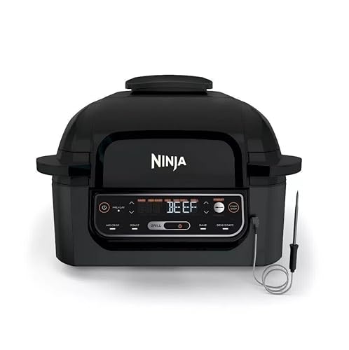 Ninja Foodi Pro 5-in-1 Indoor Integrated Smart Probe, 4-Quart Air Fryer, Roast, Bake, Dehydrate, an Cyclonic Grilling Technology, with 4 Steaks Capacity, in a Stainless Finish