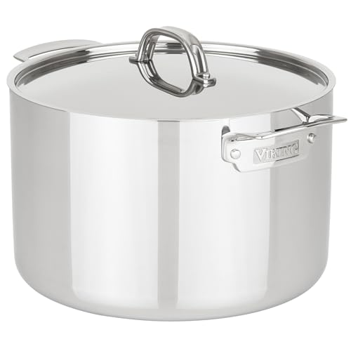 Viking 3-Ply Stainless Steel Stock Pot, 12 Quart Soup Cooking Pot with Lid, Kitchen Cookware, Dishwasher and Oven Safe, Induction Ready, Silver