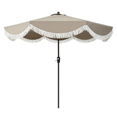 Tempera 9ft Auto Tilt Scalloped Patio Umbrellas with Fringe, Outdoor Table Umbrellas with Fade Resistant Canopy, 8 Sturdy Rids, Luxurious Vintage Umbrellas for Lawn, Pool, Deck, Balcony