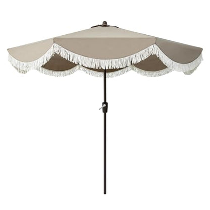 Tempera 9ft Auto Tilt Scalloped Patio Umbrellas with Fringe, Outdoor Table Umbrellas with Fade Resistant Canopy, 8 Sturdy Rids, Luxurious Vintage Umbrellas for Lawn, Pool, Deck, Balcony