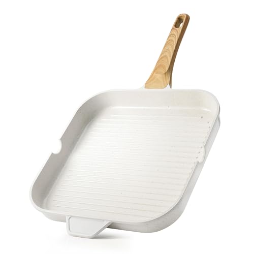 SENSARTE Nonstick Ceramic Grill Pan for Stove Tops, Square Grilling Pan with Pour Spouts, Non Toxic Durable Grill Skillet for All Stoves(Gas,Electric,Induction) PTFE,PFAS,PFOA Free, 12Inch (White)