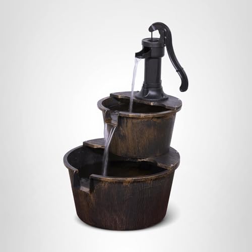 Alpine Corporation 27" Tall Rustic Outdoor 2-Tier Barrel Pump Water Fountain with Soothing Cascading Water Flow for Patio, Yard, Porch, or Landscape, Bronze