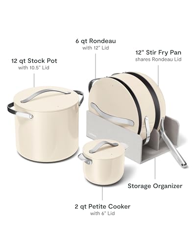 Caraway 24-Piece Nonstick Ceramic Cookware Set - Includes Fry Pans, Sauce, Sauté Pan, Dutch Oven, Petite Cooker, Stir Fry, Rondeau, Stock Pot, Lids & Storage Organizers - Cream
