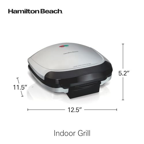 Hamilton Beach Electric Indoor Grill, 6-Serving, Large 90 sq. in. Nonstick Easy Clean Plates, Floating Hinge for Thicker Foods, 1200 Watts, 6.38"D x 12.68"W x 13.78"H , Silver (25371)