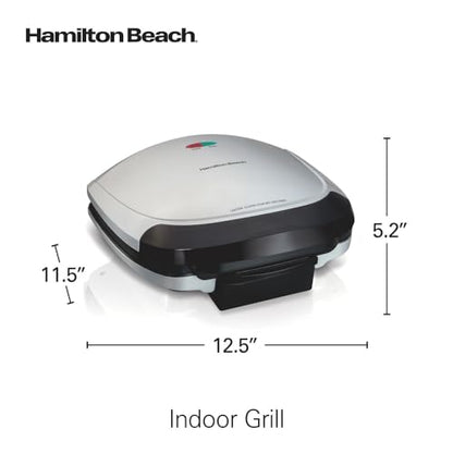 Hamilton Beach Electric Indoor Grill, 6-Serving, Large 90 sq. in. Nonstick Easy Clean Plates, Floating Hinge for Thicker Foods, 1200 Watts, 6.38"D x 12.68"W x 13.78"H , Silver (25371)