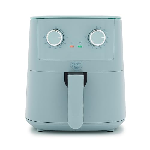 GreenLife 4.5QT Air Fryer, Mechanical Dial Controls, PFAS-Free Ceramic Nonstick Drawer, Adjustable Temp & Timer, LED Indicator, Oil-Less Cooking, Dishwasher Safe, Compact Family Size, Blue